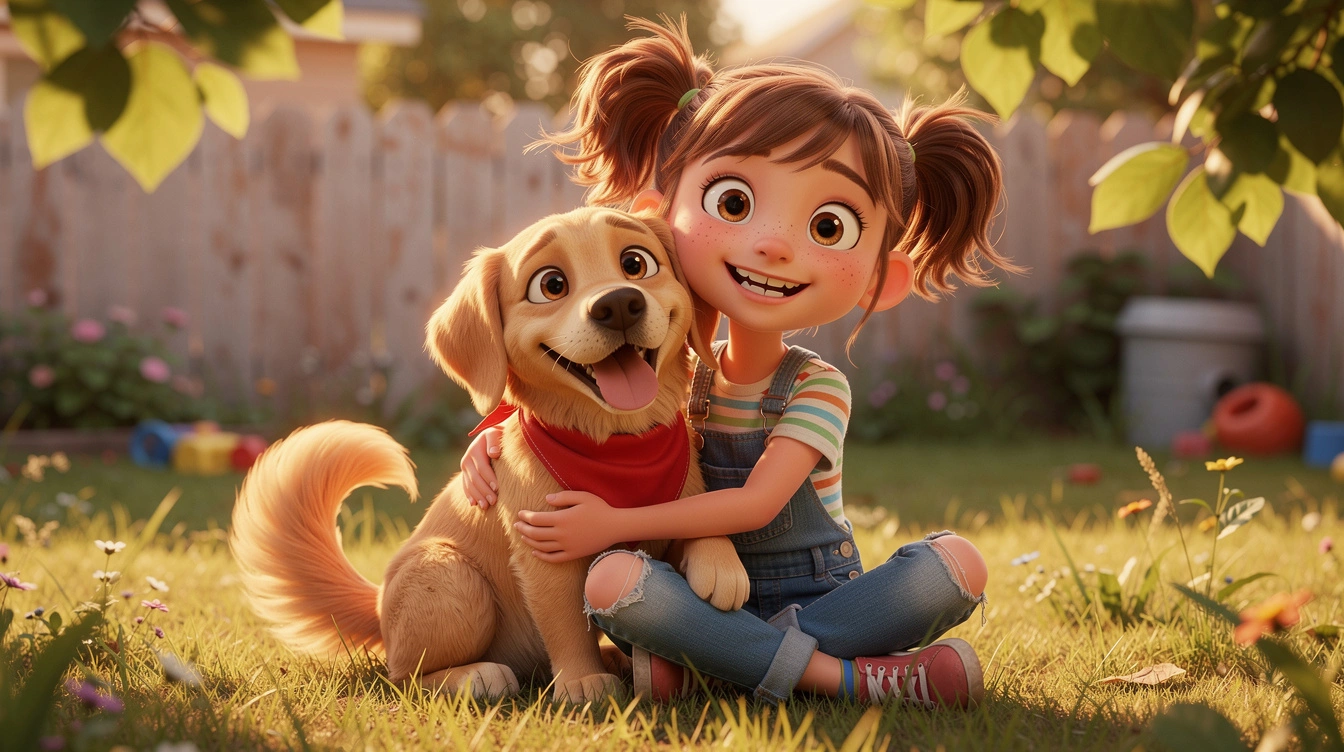 A cheerful young girl and her golden retriever dog, designed in the classic, warm Pixar animation style. The girl has disheveled brown pigtails, freckles, a big smile, and a noticeable chip in one of her front teeth. She's wearing a striped shirt and denim overalls, hugging the happy dog. The dog has soft, fluffy golden fur, a bushy tail, and an affectionate, eager expression, wearing a red bandana. They're sitting in a colorful, overgrown suburban backyard with warm, golden hour sunlight filtering through lush green leaves, rendered with a soft, cinematic depth of field. The style is charming, friendly, and brightly lit, full of character.