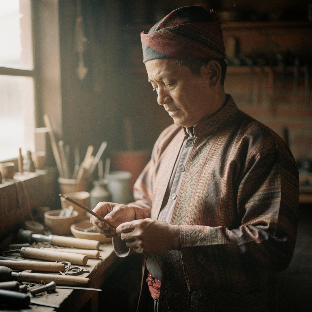 Portrait of a Newari artisan, soft window light, 85mm, film grain