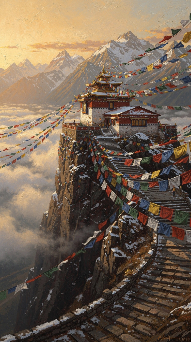 Mountain monastery wrapped in prayer flags, golden hour, painterly