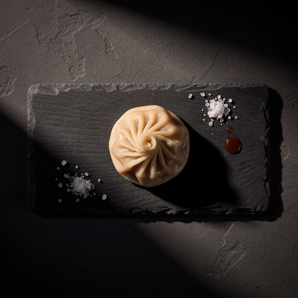 Studio product shot of momo on a slate plate, top-down, dramatic shadows