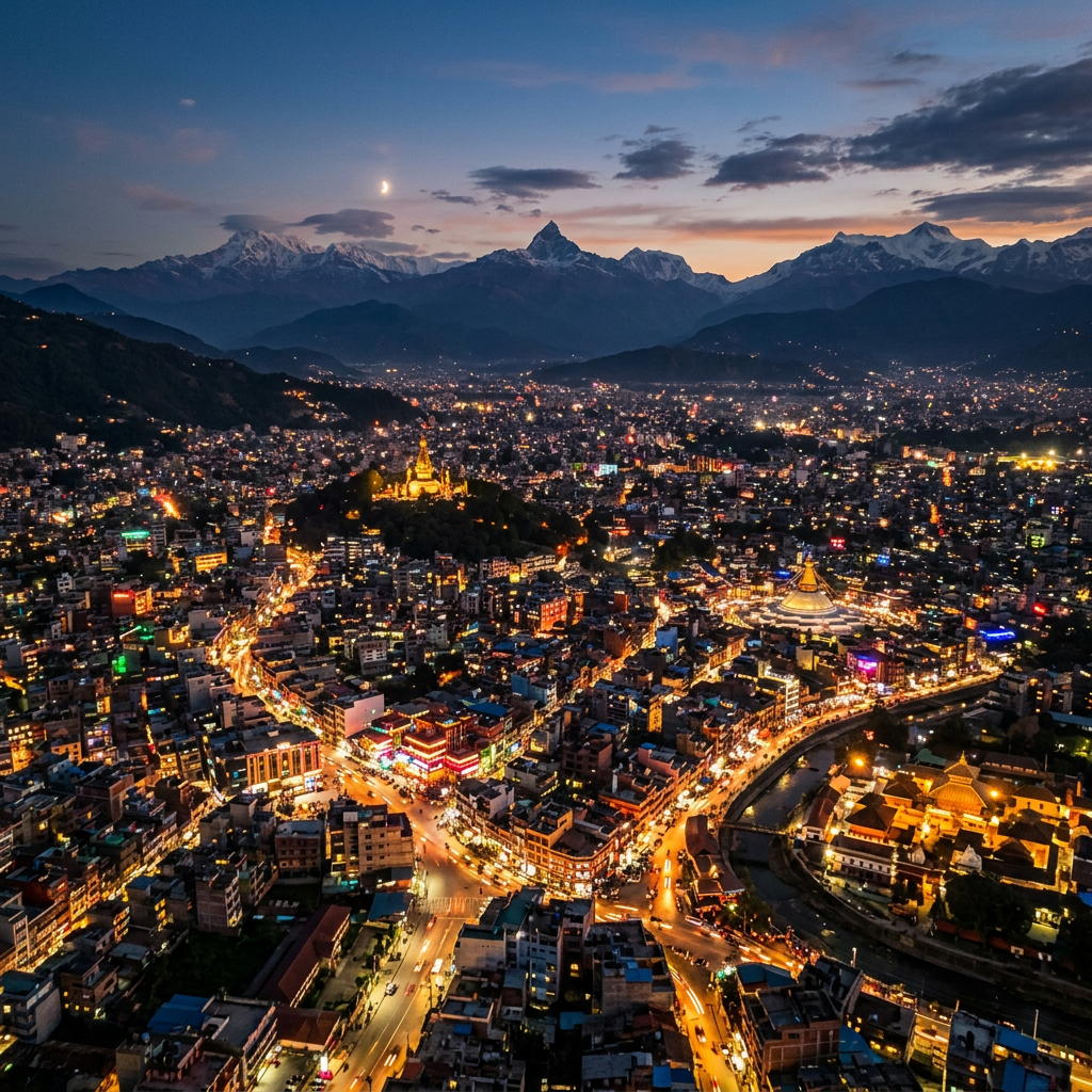 A sweeping drone shot of a neon Kathmandu valley at dusk, cinematic
